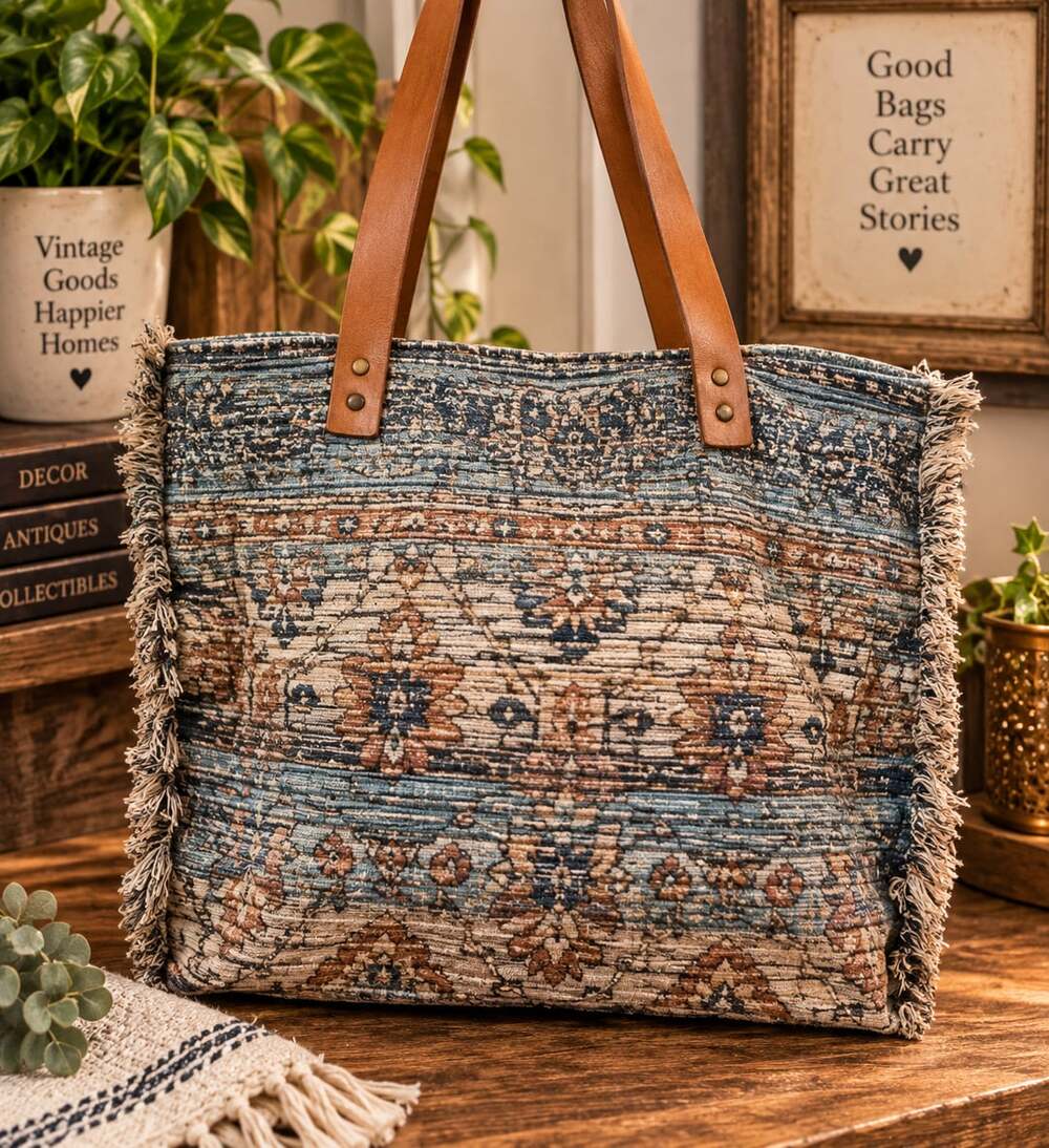 Large Bohemian Woven Carpet Fringe Tote Bag Faux Leather Boho Market Festival